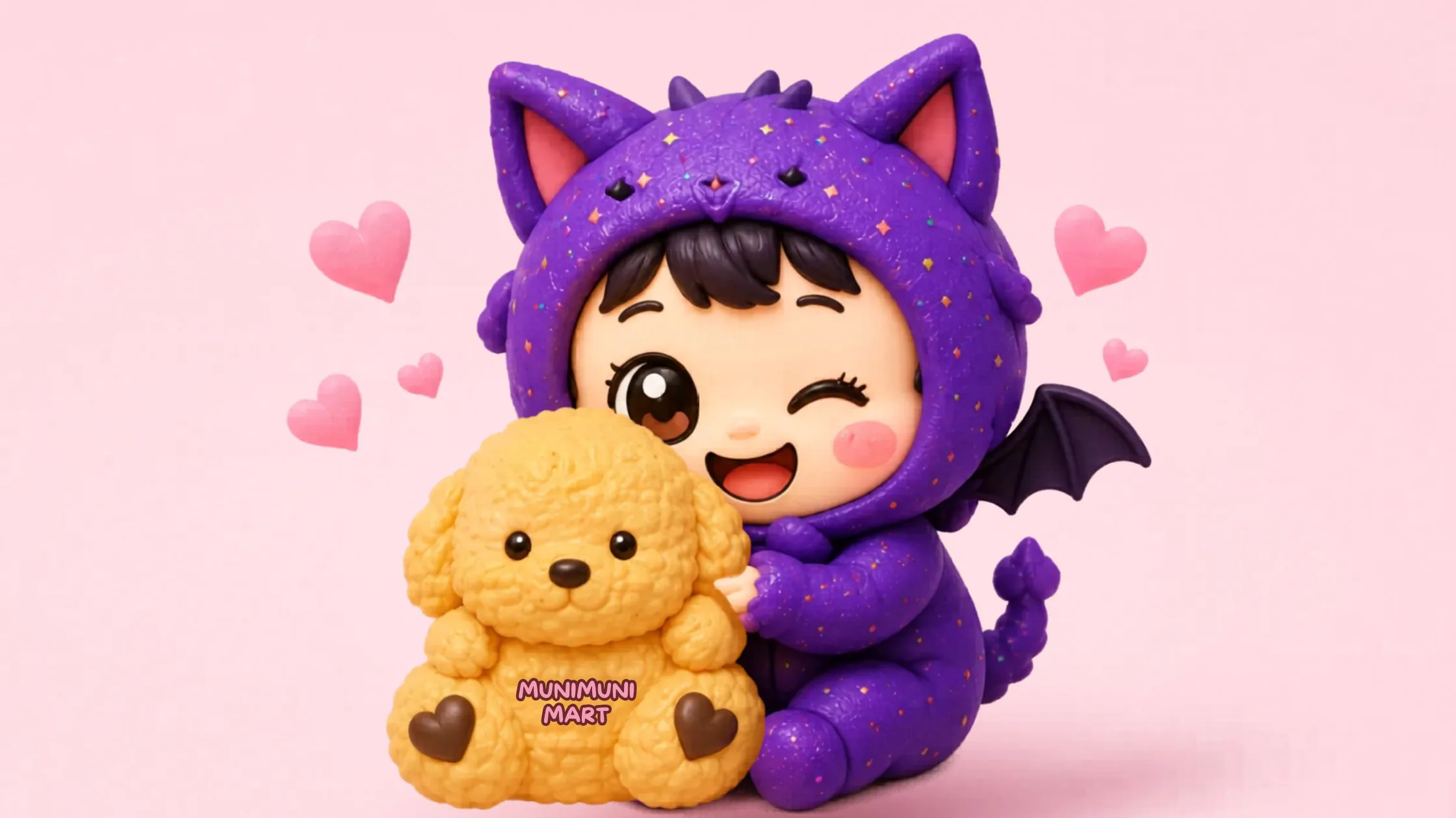 ムニにゃんが黄色いスクイーズを抱えている様子